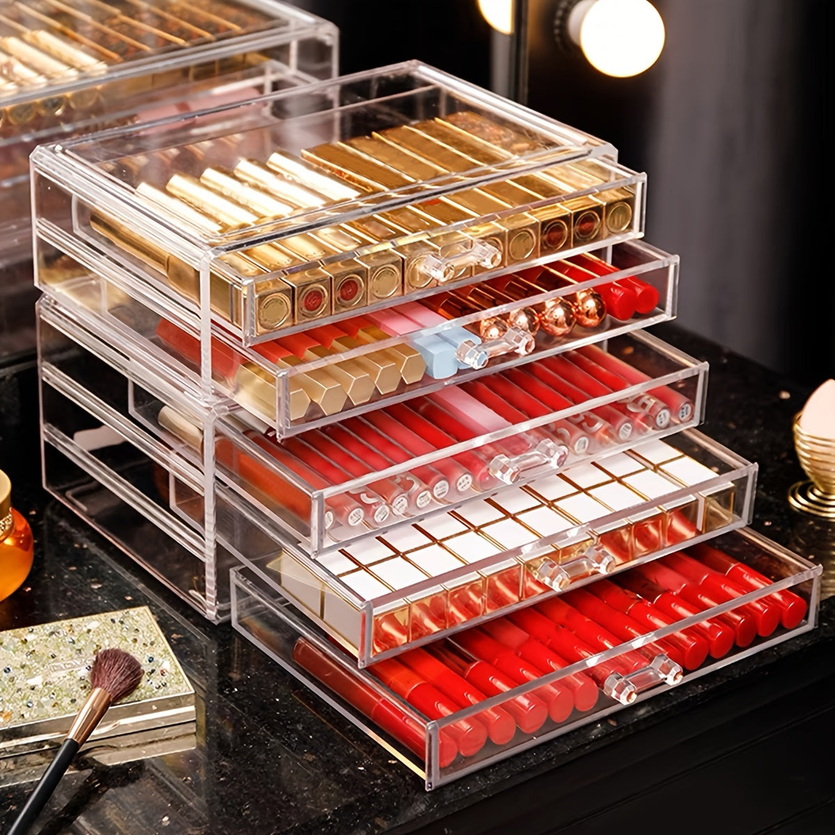 1pc Multi-Layer Transparent Cosmetic & Jewelry Organizer - Waterproof Dustproof Plastic Storage Box with Compartments for Lipstick, Lip Gloss, Makeup Brushes, Vanity & Bathroom Counter Organization, Cosmetic Storage Organizer, Compact Design, Sturdy