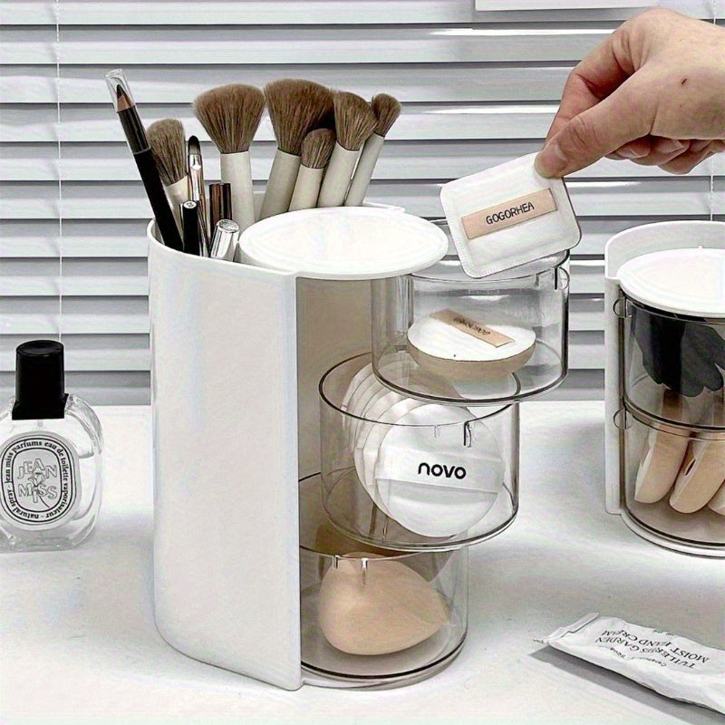 1pc Versatile Desktop Cosmetic Display, Travel-Friendly Rotating Dust-Resistant Makeup Egg Air Cushion Organizer for Dressing Tables, Multi-Tier Lipstick And Makeup Brush Holder with High Storage Capacity