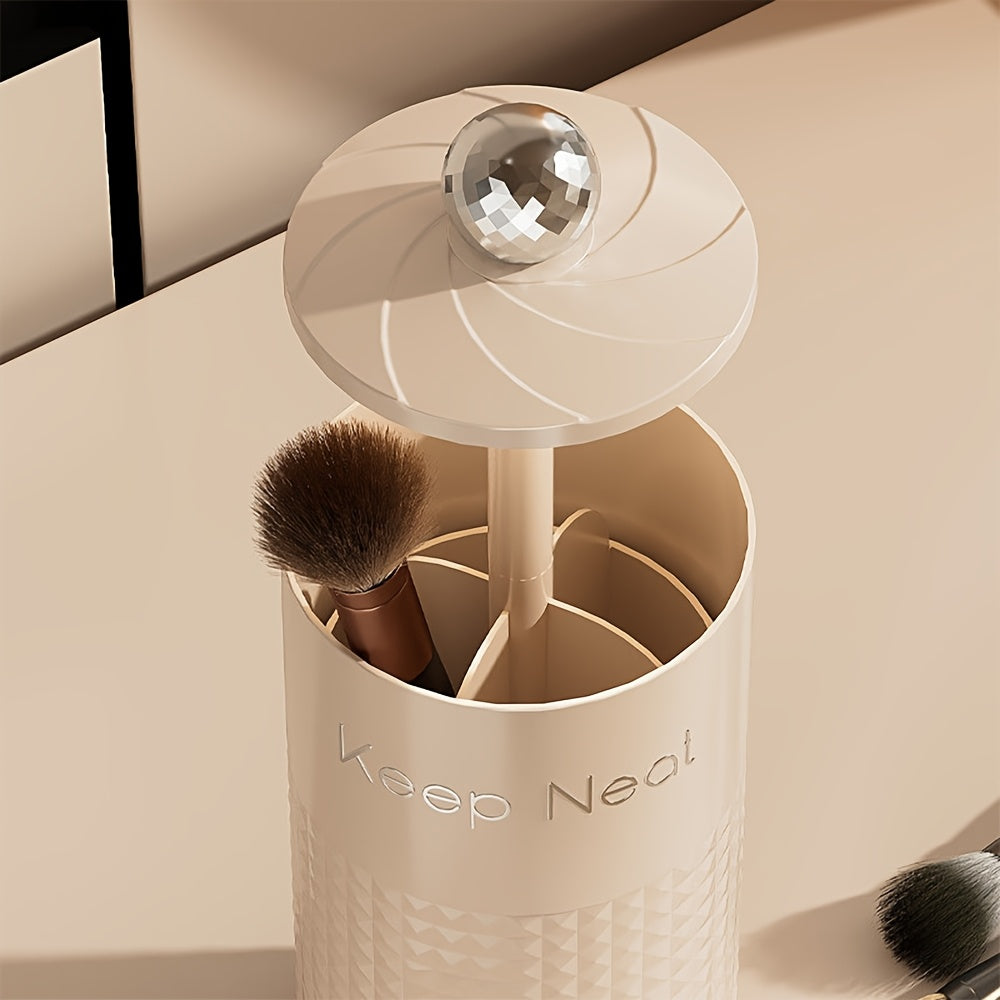 1pc Automatic Pop-Up Cosmetic Organizer with Dust-Proof Lid - Durable Plastic Makeup Brush Holder for Vanity & Bathroom Countertop, Black & White Brush Storage Tubes, No Power Needed, Makeup Vanity Desk, Sleek Design, Sturdy Construction, Beauty
