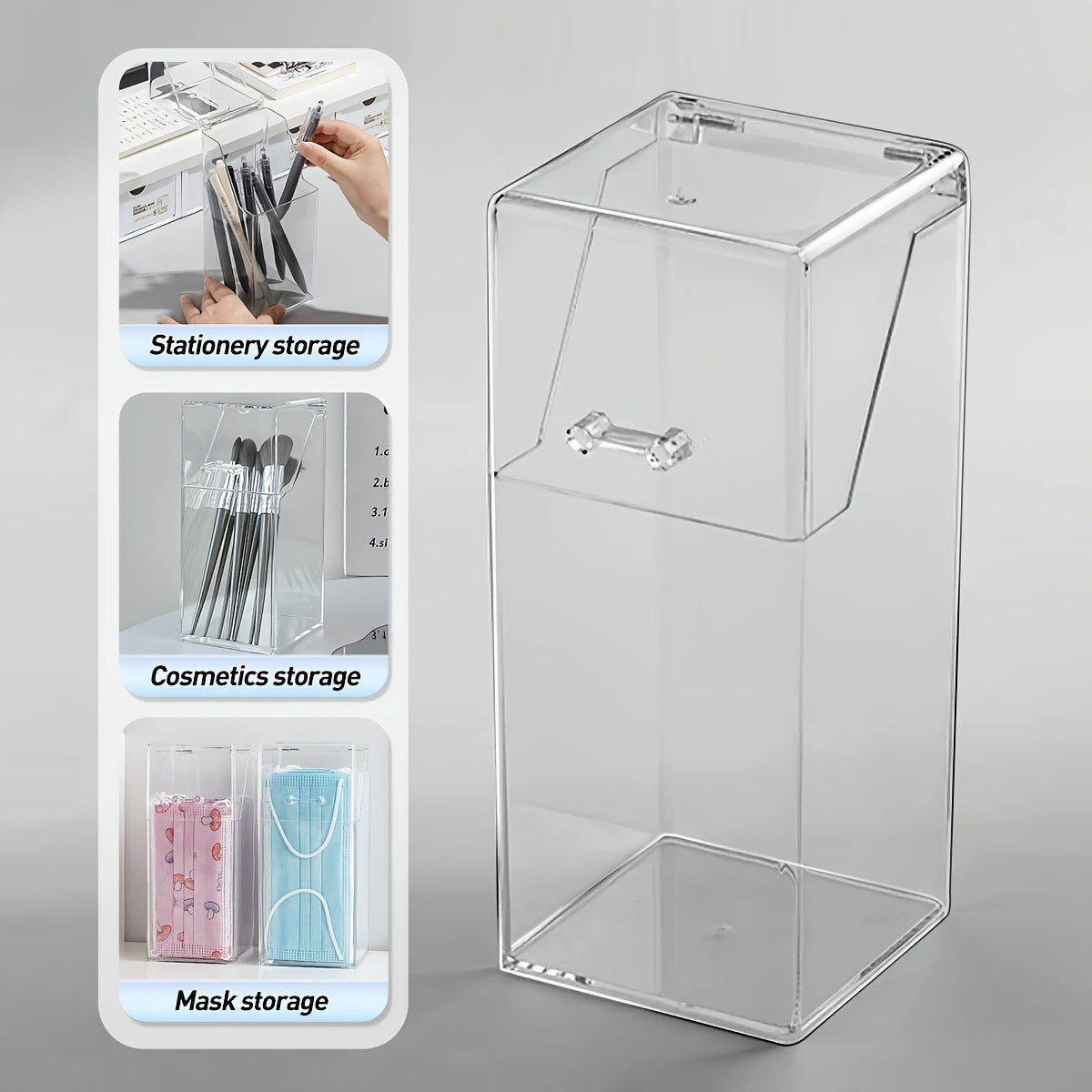 1 Clear Acrylic Desk Organizer with Lid - Dustproof Storage Box for Makeup Brushes & Pens, Sleek Transparent Design for Easy Access & Visibility, Makeup Brush Holder|Modern Storage Solution|Clear Acrylic Material