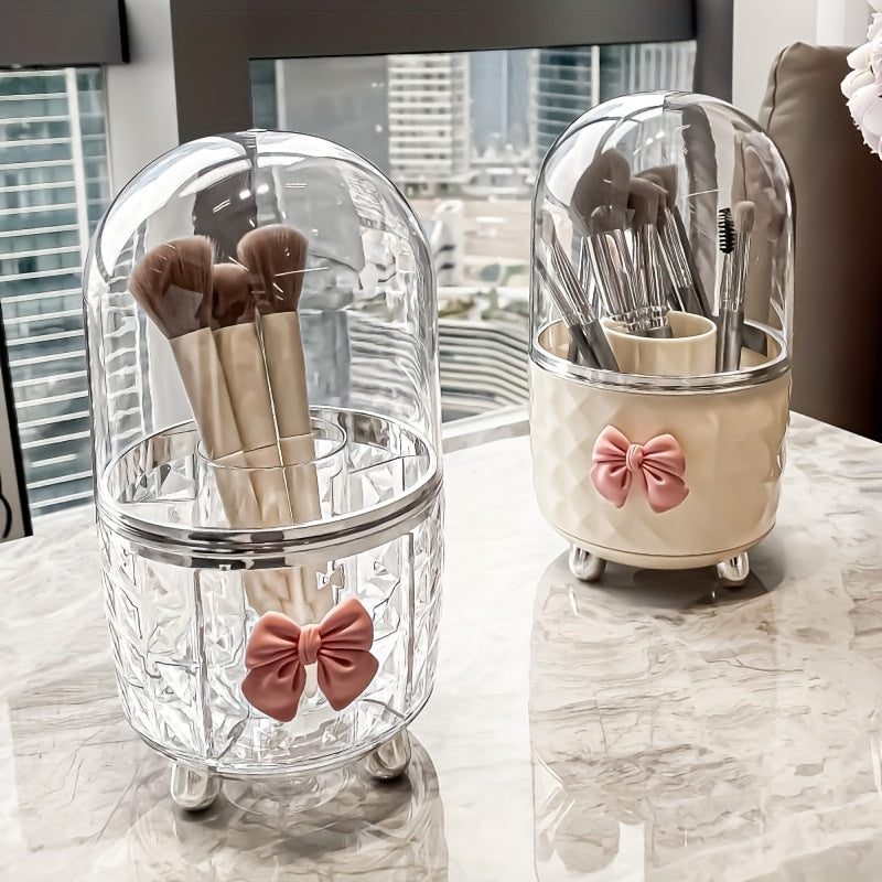 360-Degree Rotating Makeup Organizer with Clear Lid - Bathroom Vanity Organizer, Space-Saving Countertop Storage for Makeup Brushes, Lipstick, Eyeliner - No Power Needed, Durable Plastic Construction - Perfect for Home or, Decorative Bow Accent, Sturdy