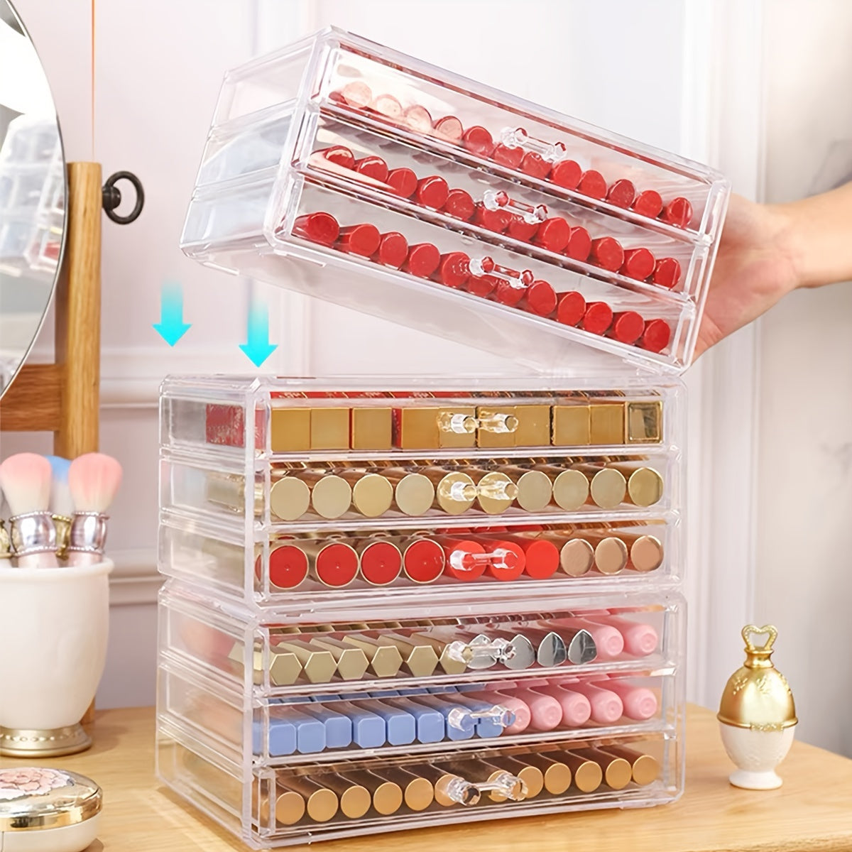 1pc Multi-Layer Transparent Cosmetic & Jewelry Organizer - Waterproof Dustproof Plastic Storage Box with Compartments for Lipstick, Lip Gloss, Makeup Brushes, Vanity & Bathroom Counter Organization, Cosmetic Storage Organizer, Compact Design, Sturdy