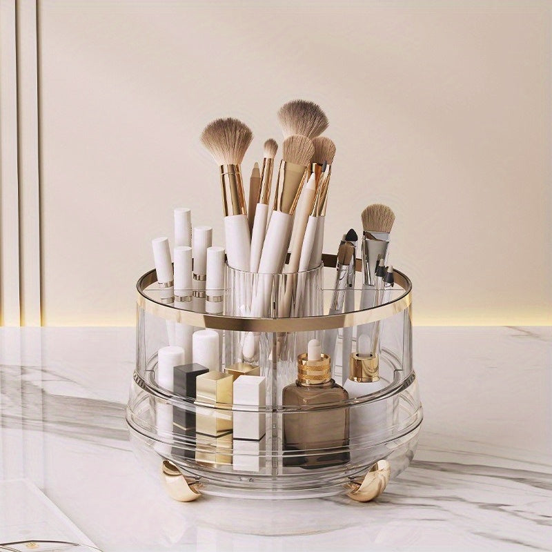 Premium Rotating Makeup Carousel - Crystal Clear Cosmetic Organizer with Sealed Cover | Precision Compartments for Brushes, Lipsticks & Brow Pencils, Luxe Vanity Centerpiece