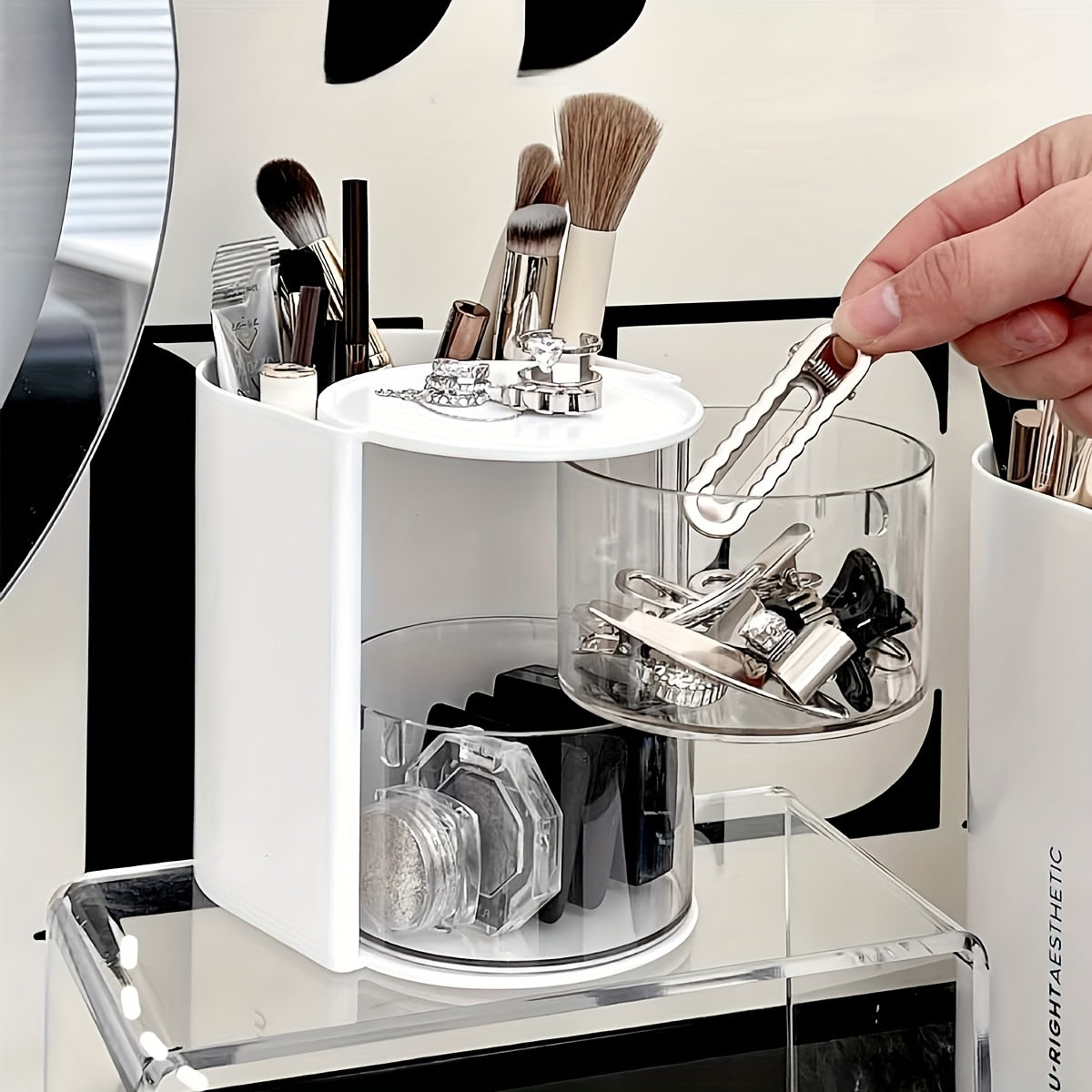 1pc Multi-Layer Rotating Makeup Organizer - White/Pink Cosmetic Storage Box with Drawers, Ideal for Powder, Eyeshadow, Makeup Brushes | Sleek Desktop Organizer for Home Decor, Vanity Display, Makeup Brushe, Desk & Drawer Organizer for Home Storage