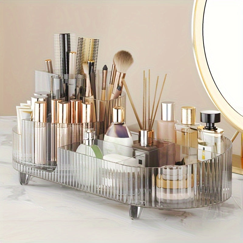 1pc Large Capacity Rotating Acrylic Makeup Organizer - 360° Swivel Transparent Cosmetics Storage Box with Brush and Pen Holder for Dresser and Desktop Organization, Easy Access and Visibility, Space-Saving Design