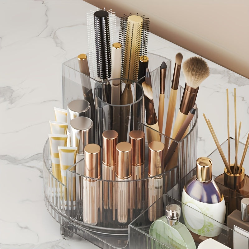 1pc Large Capacity Rotating Acrylic Makeup Organizer - 360° Swivel Transparent Cosmetics Storage Box with Brush and Pen Holder for Dresser and Desktop Organization, Easy Access and Visibility, Space-Saving Design