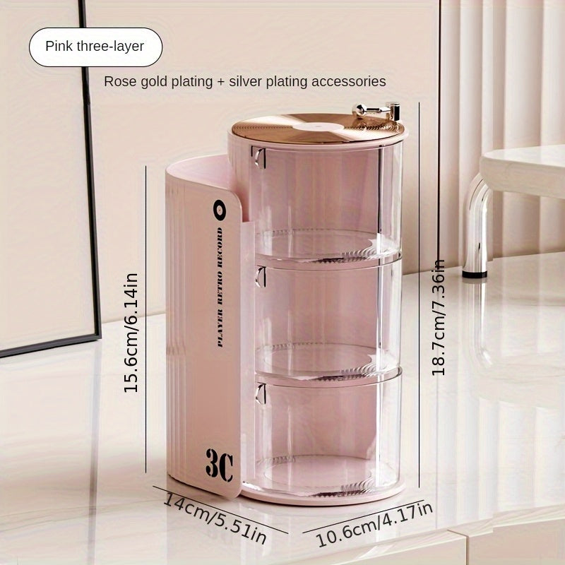 Luxury 3C Rotating Makeup Brush & Puff Storage Box - Dustproof Multi-Layer Design, Independent Smooth Surface Desk Organizer for Dressing Table, Bathroom, Office & Home Use, Countertop Mounting, No Electricity Needed, Countertop Organizer|Sleek
