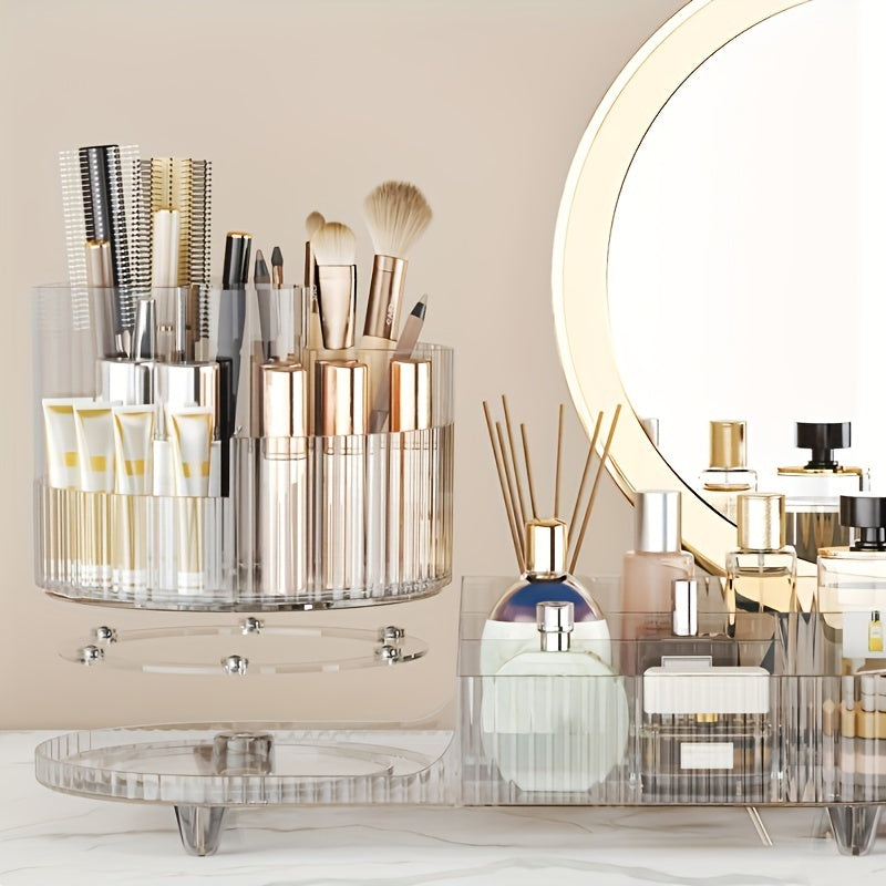 1pc Large Capacity Rotating Acrylic Makeup Organizer - 360° Swivel Transparent Cosmetics Storage Box with Brush and Pen Holder for Dresser and Desktop Organization, Easy Access and Visibility, Space-Saving Design