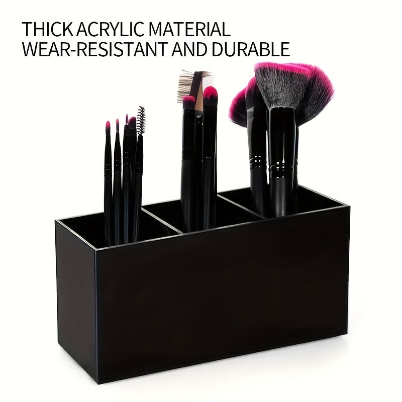 1pc Makeup Brush Organizer with 3 Compartments - Vanity Organizer, Compact Cosmetic Storage Box with Brush Slots for Desk, Bathroom, Travel - Makeup Brush Holder for Professionals & Home Use, Makeup Organizer for Vanity, Sleek Design, Acrylic Material,