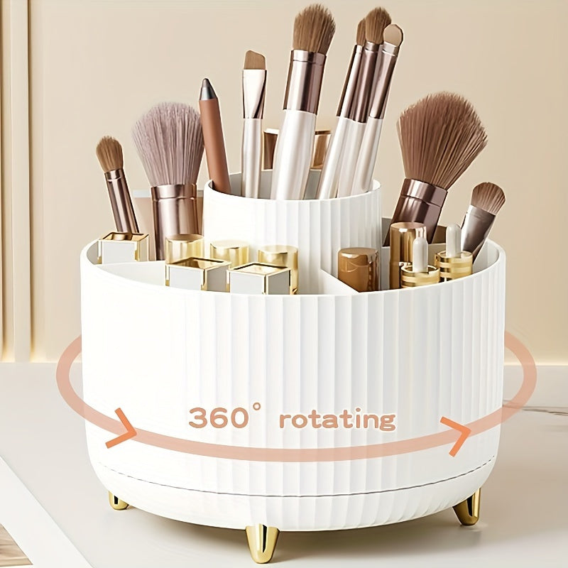 360-Degree Rotating Makeup Organizer with 5 Compartments - a Durable Plastic Storage Box for Brushes, Lipsticks, Skincare Products, And Stationery - a Multifunctional Desktop Organizer with a Protective Chrome Stand.