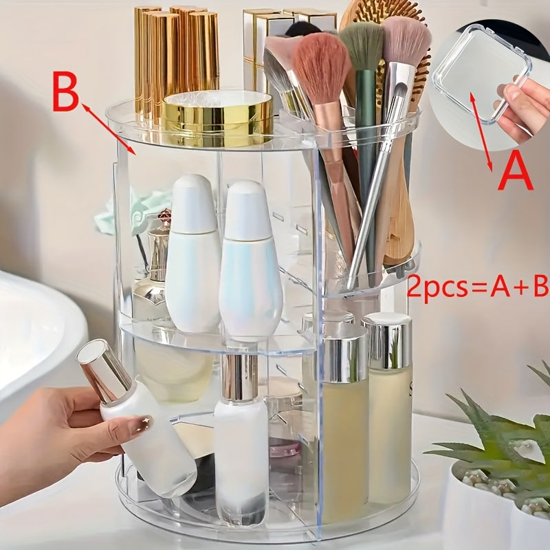 Rotating Makeup Storage Box, Multi-Layer Adjustable Rotating Skincare Organizer, Bathroom Storage Rack with Brush Holder And Perfume Tray, Multifunctional Storage Organizer Suitable for Vanity, Bathroom, And Workbench.