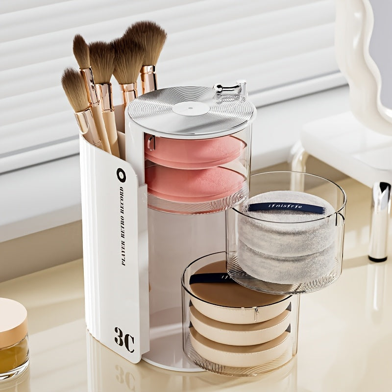 Luxury 3C Rotating Makeup Brush & Puff Storage Box - Dustproof Multi-Layer Design, Independent Smooth Surface Desk Organizer for Dressing Table, Bathroom, Office & Home Use, Countertop Mounting, No Electricity Needed, Countertop Organizer|Sleek