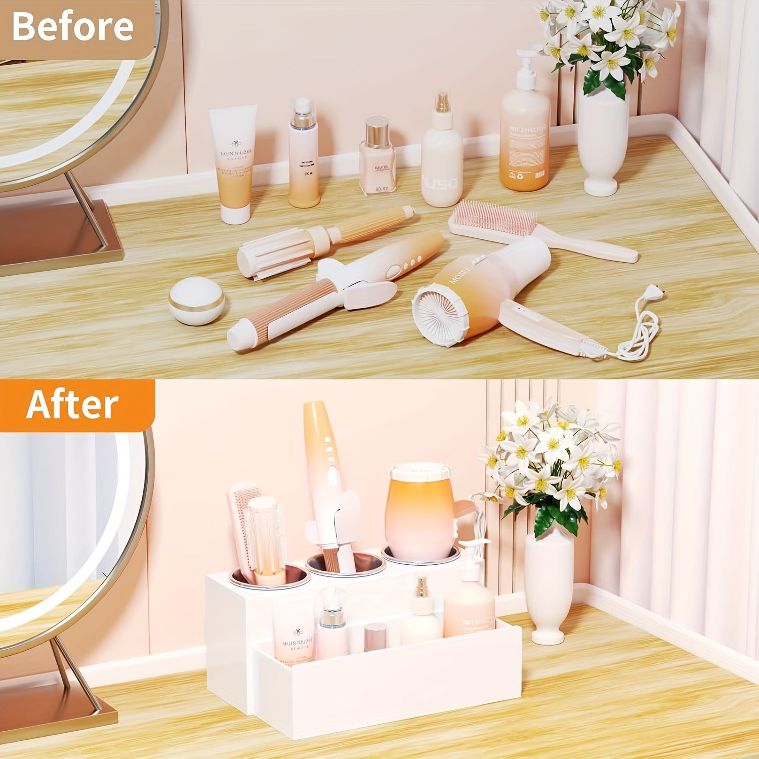 Acrylic Hair Tool Organizer Organizer - Heat-Resistant Adjustable Storage For Hair Dryers, Straighteners & Curling Irons | Makeup Brush Holder | Space-Saving For Bathroom, Vanity, Travel & Salon Stations | Perfect For Stylists, Brides & Home Users
