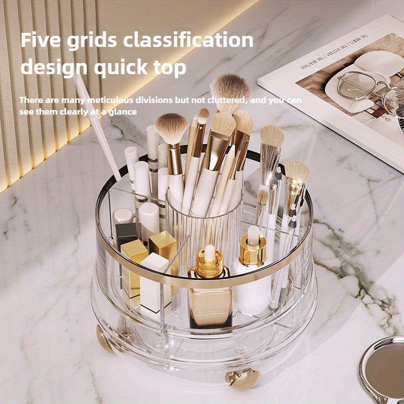 Premium Rotating Makeup Carousel - Crystal Clear Cosmetic Organizer with Sealed Cover | Precision Compartments for Brushes, Lipsticks & Brow Pencils, Luxe Vanity Centerpiece