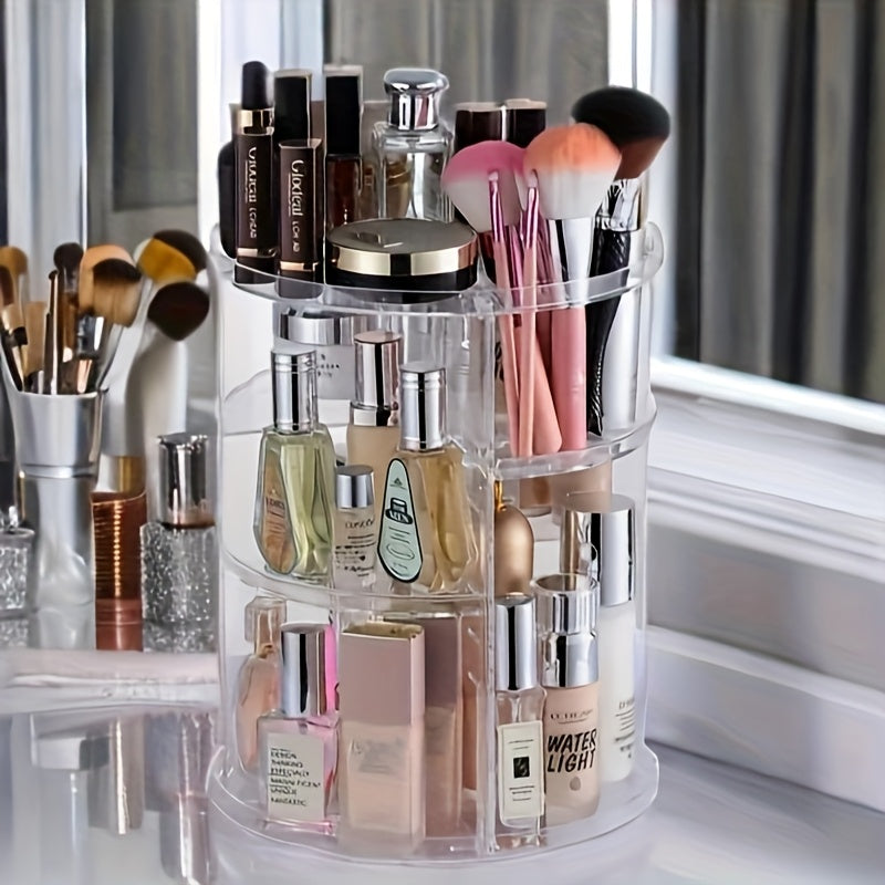 1-Tier Makeup Organizer with 360° Rotating Tray - Adjustable Height Cosmetic Storage Box, Multi-Compartment Vanity Organizer with No Assembly Needed, Space-Saving Countertop or Bathroom Shelf Organizer for Women - Perfect Gift for Makeup Lovers, Makeup