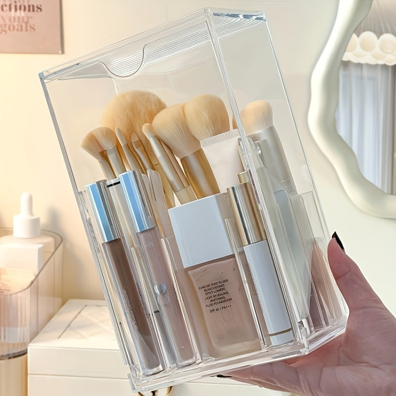 Adjustable Clear Acrylic Makeup Brush Holder – Sleek Vanity Organizer with Compartments, No-Drill Installation, Lightweight Design for Easy Makeup Storage, Vanity Accessories
