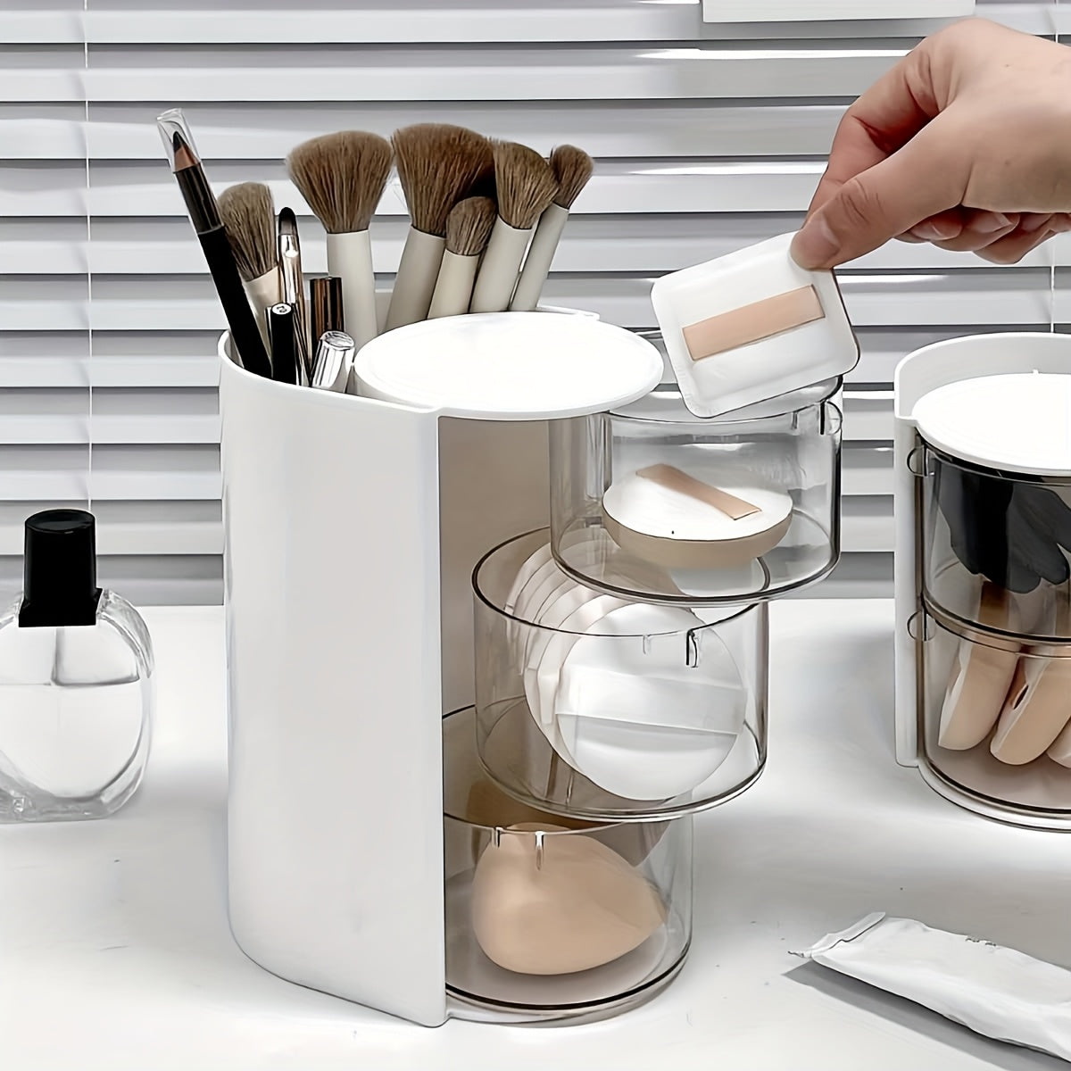 1pc Multi-Layer Rotating Makeup Organizer - White/Pink Cosmetic Storage Box with Drawers, Ideal for Powder, Eyeshadow, Makeup Brushes | Sleek Desktop Organizer for Home Decor, Vanity Display, Makeup Brushe, Desk & Drawer Organizer for Home Storage