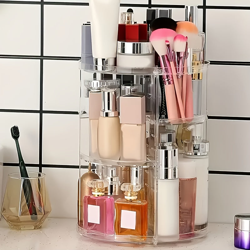 Rotating Makeup Storage Box, Multi-Layer Adjustable Rotating Skincare Organizer, Bathroom Storage Rack with Brush Holder And Perfume Tray, Multifunctional Storage Organizer Suitable for Vanity, Bathroom, And Workbench.