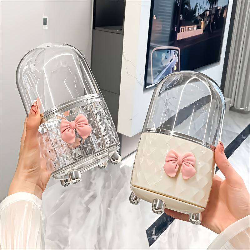 360-Degree Rotating Makeup Organizer with Clear Lid - Bathroom Vanity Organizer, Space-Saving Countertop Storage for Makeup Brushes, Lipstick, Eyeliner - No Power Needed, Durable Plastic Construction - Perfect for Home or, Decorative Bow Accent, Sturdy