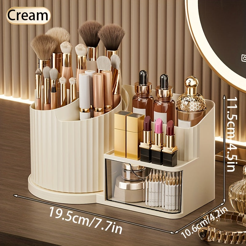 360° Rotating Makeup Organizer with Brush Holder & Drawer - Makeup Vanity Organizer with Brush Storage, Lipstick, Skincare, Office Stationery - Space-Saving Countertop Organizer, No Power Needed, Elegant White Finish - Perfect for Home, Salon, Bathroom,