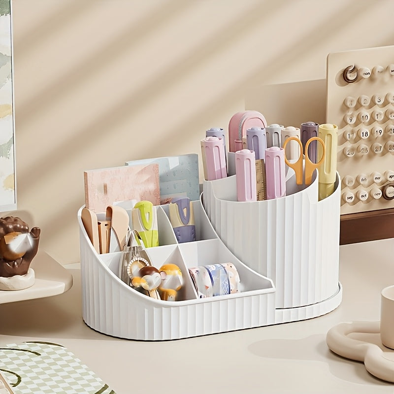 360° Rotating Makeup Organizer and Desk Caddy – Durable Plastic Storage for Brushes, Lipsticks, Skincare Products, Stationery – Space-Saving, Odorless Design with Elegant White Finish