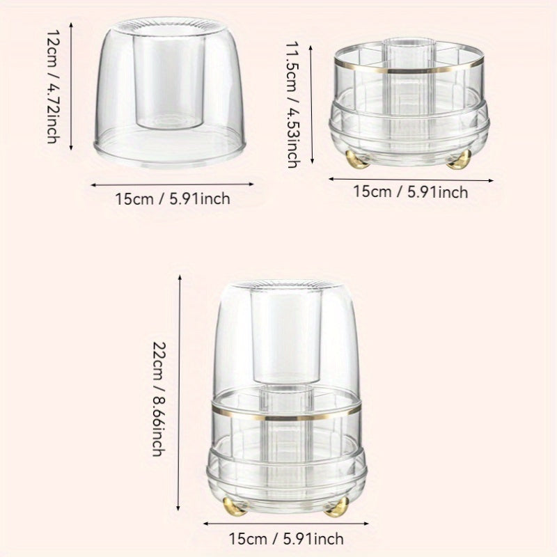 Premium Rotating Makeup Carousel - Crystal Clear Cosmetic Organizer with Sealed Cover | Precision Compartments for Brushes, Lipsticks & Brow Pencils, Luxe Vanity Centerpiece