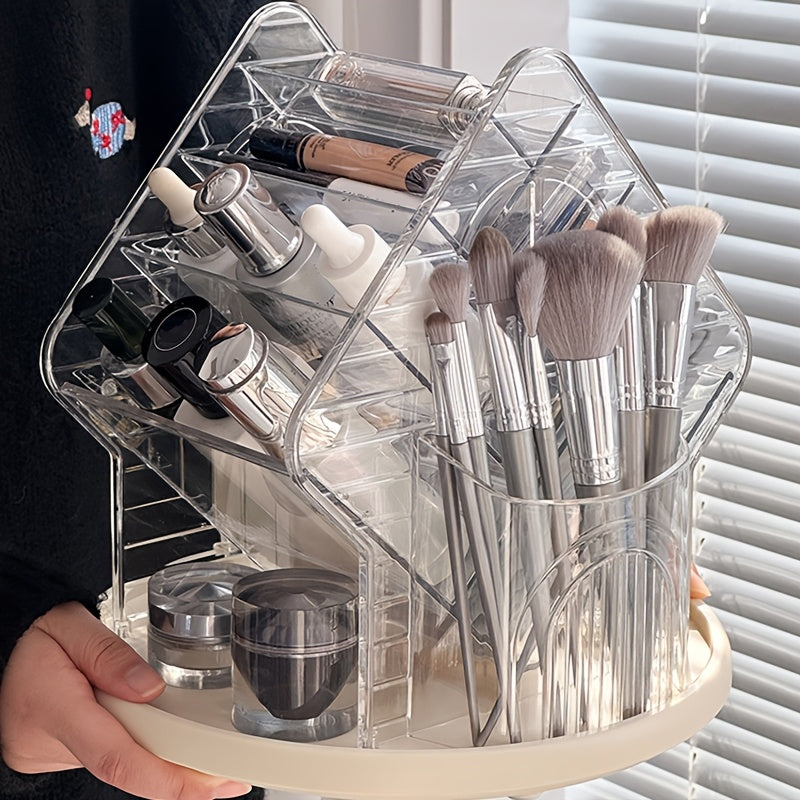 Faridabio 360-Degree Rotating Makeup Organizer with Brush Holder - Freestanding Vanity Cabinet, Heavy-Duty Clear Plastic Construction, Space-Saving Bathroom Storage for Makeup, Jewelry, Beauty Products - No Assembly Needed, Modern Vanity Organizer, Makeup