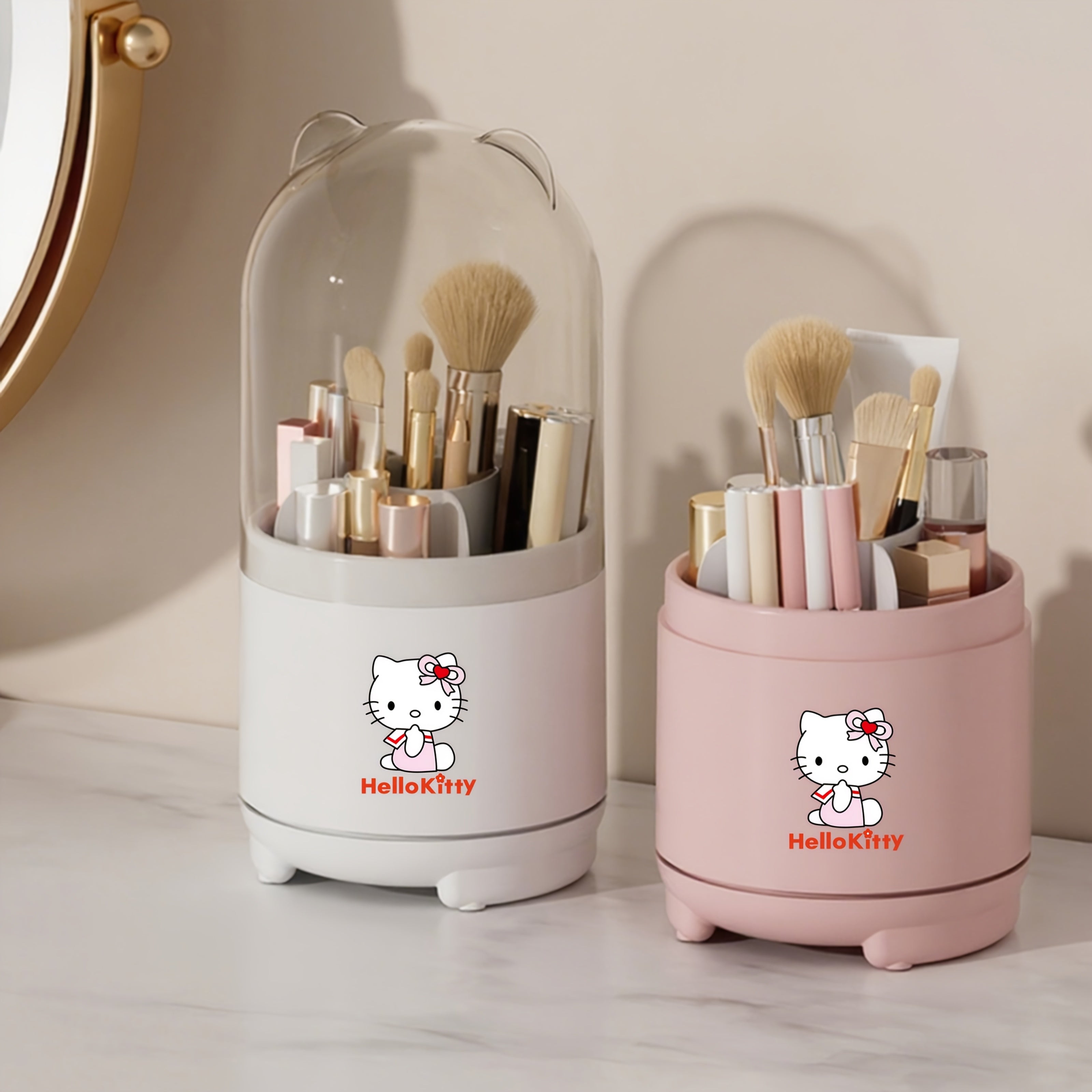 Sanrio for hello kitty 360° Rotating Makeup Brush Organizer with Transparent Lid - Cute Polished White & Pink Design, Dustproof & Moisture-Resistant Desktop Storage Box for Bathroom Vanity, Makeup Brushes for Vanity, Playful Character Decor