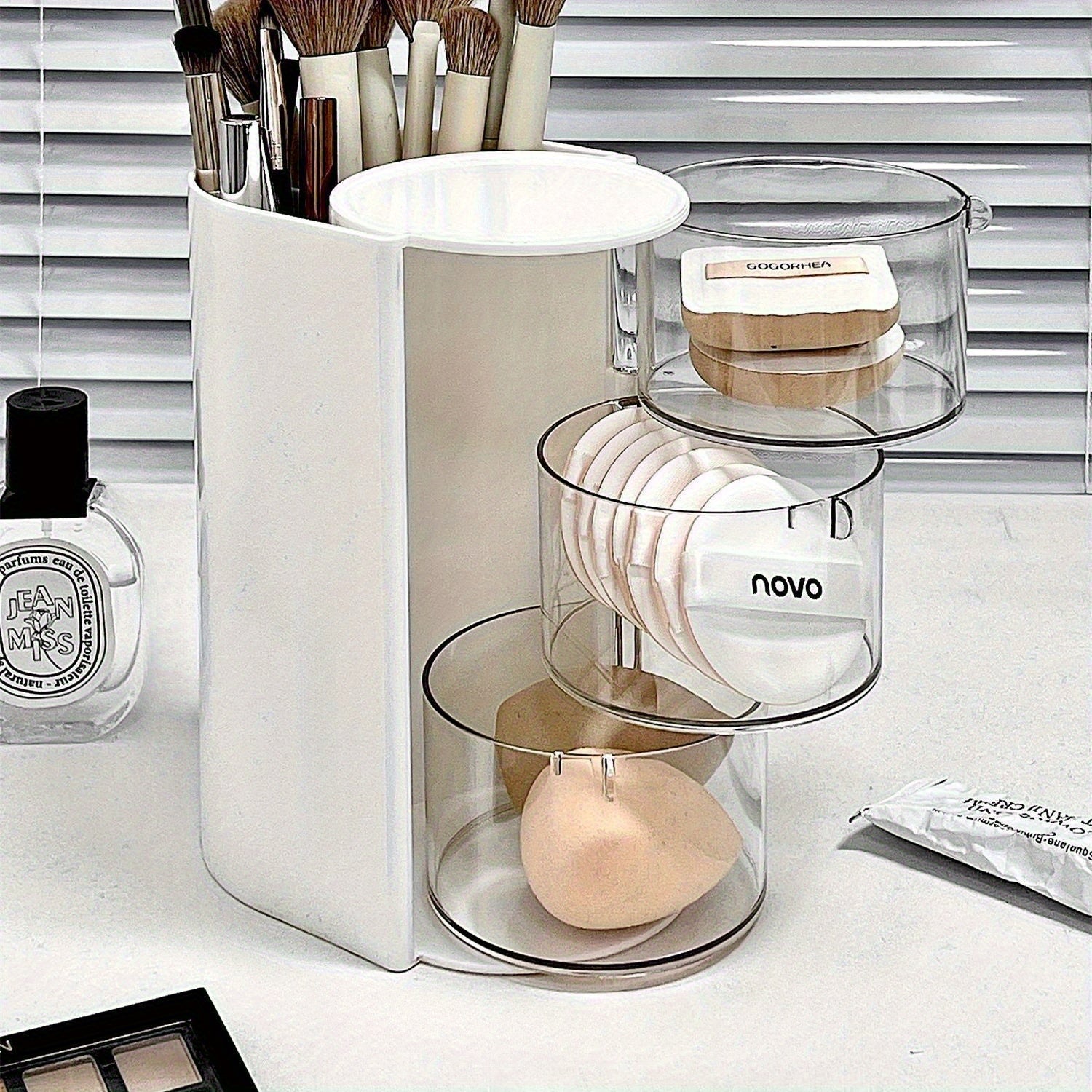 1pc Versatile Desktop Cosmetic Display, Travel-Friendly Rotating Dust-Resistant Makeup Egg Air Cushion Organizer for Dressing Tables, Multi-Tier Lipstick And Makeup Brush Holder with High Storage Capacity