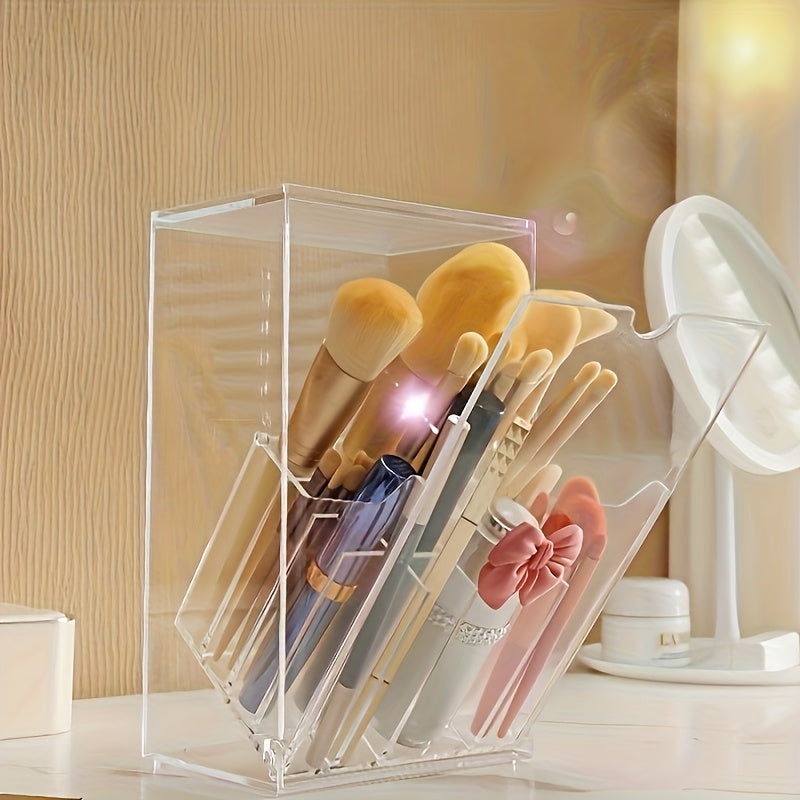 Clear Makeup Brush Organizer with Lid - Transparent Cosmetic Storage Box, Vanity Organizer with Dustproof Cover, Bathroom Countertop Organizer for Professional or Home Use, Space-Saving Makeup Display Case, Makeup Vanity Desk, Durable Plastic Material