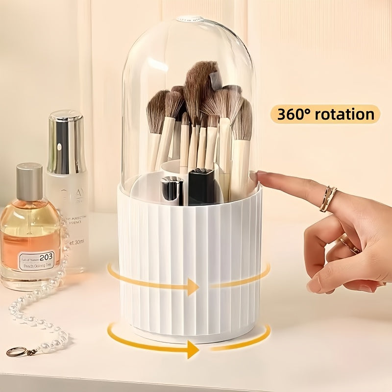 [360° Rotating Makeup Organizer] 360° Rotating Makeup Organizer with Clear Dome Lid - Spacious Vanity Storage Box, Stable Base, Durable Plastic Construction for Home, Salon, Office - Makeup Vanity Desk, Home Organization, Sleek Design, Sturdy