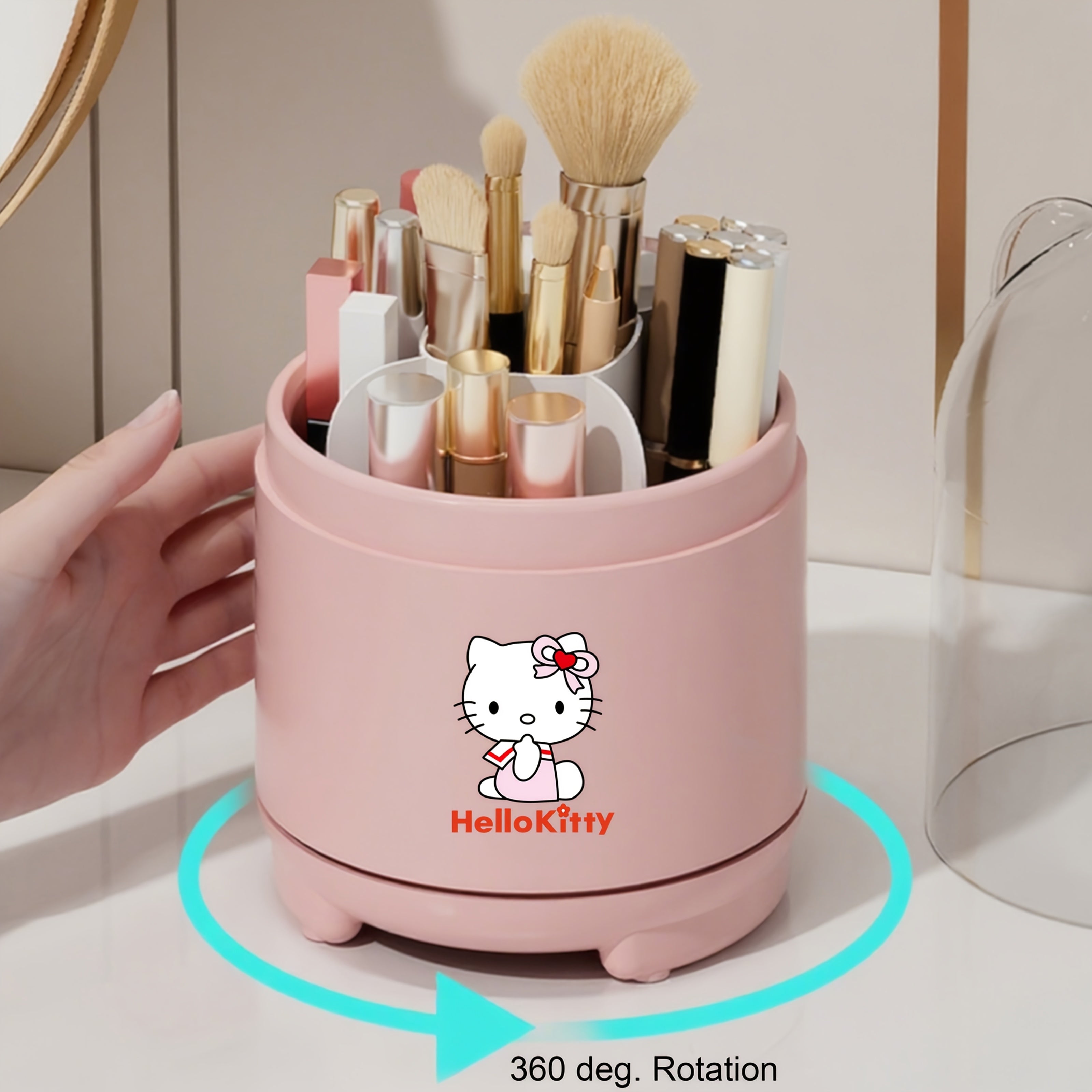 Sanrio for hello kitty 360° Rotating Makeup Brush Organizer with Transparent Lid - Cute Polished White & Pink Design, Dustproof & Moisture-Resistant Desktop Storage Box for Bathroom Vanity, Makeup Brushes for Vanity, Playful Character Decor
