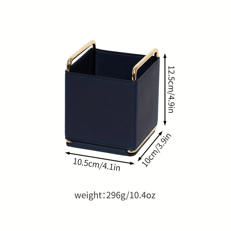 [1pc Faux Leather Storage] 1pc Lightweight Faux Leather Storage Tube | Makeup Brush Organizer, Vanity Eyebrow and Eyeshadow Brush Holder, Metal Frame Leather Pen Case, Desktop Remote Control Key Storage Box, Stylish Square Storage Box, Multifunctional