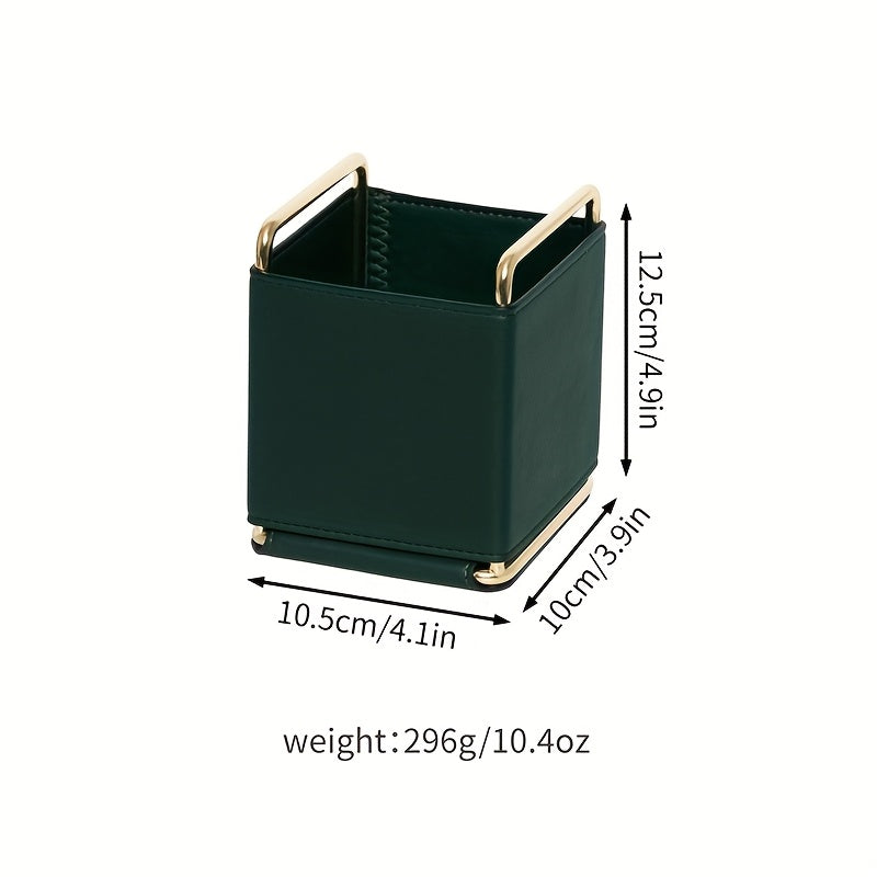 [1pc Faux Leather Storage] 1pc Lightweight Faux Leather Storage Tube | Makeup Brush Organizer, Vanity Eyebrow and Eyeshadow Brush Holder, Metal Frame Leather Pen Case, Desktop Remote Control Key Storage Box, Stylish Square Storage Box, Multifunctional
