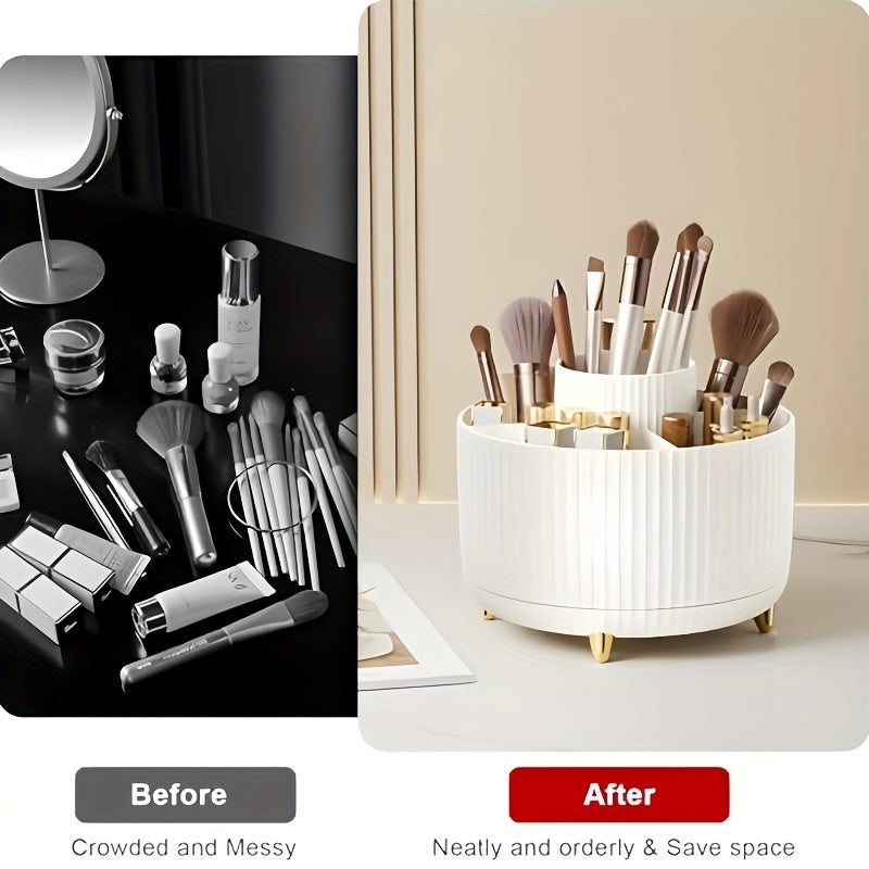 360-Degree Rotating Makeup Organizer with 5 Compartments - a Durable Plastic Storage Box for Brushes, Lipsticks, Skincare Products, And Stationery - a Multifunctional Desktop Organizer with a Protective Chrome Stand.