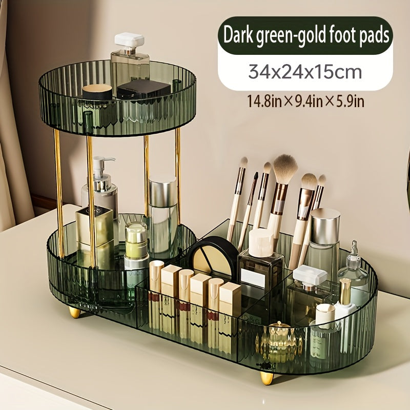 2-Layer Transparent Acrylic Makeup Storage Box with Transparent Golden (Silvery) Foot Pad, Makeup Storage Rack for Dressing Table to Store Skincare Products, Brushes, Perfume