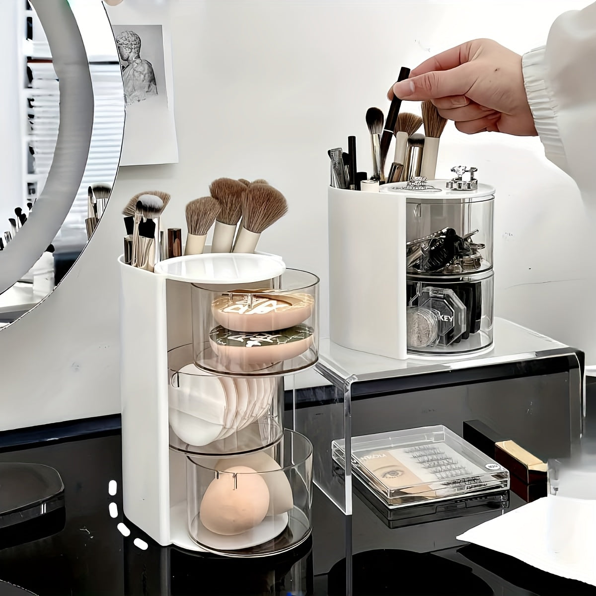 1pc Multi-Layer Rotating Makeup Organizer - White/Pink Cosmetic Storage Box with Drawers, Ideal for Powder, Eyeshadow, Makeup Brushes | Sleek Desktop Organizer for Home Decor, Vanity Display, Makeup Brushe, Desk & Drawer Organizer for Home Storage