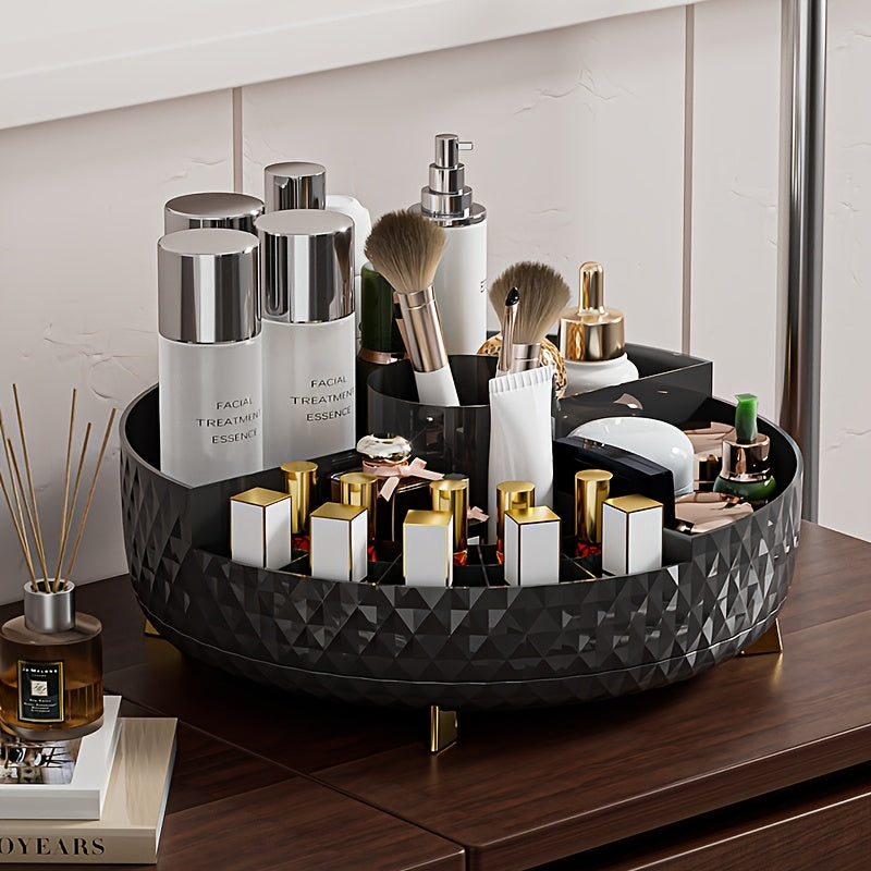 1pc High-End Rotating Makeup Organizer - 11.2" Diamond-Pattern Cosmetic Storage Container with Multiple Compartments, Durable Plastic Vanity Organizer for Lipstick, Skincare & Brushes, Freestanding Bathroom Countertop Display, Valentine's Day Gift,