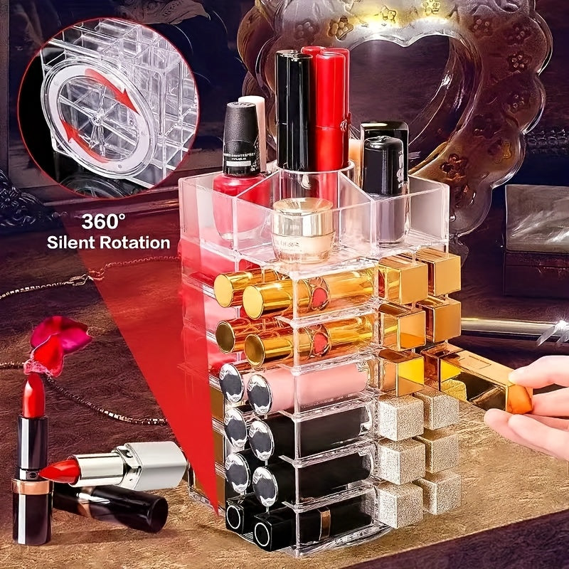 53-Grid Transparent Acrylic Makeup Organizer - Rotating Cosmetic Display Stand for Lipsticks, Brushes, Perfumes & Skincare - Space-Saving Countertop Storage with Elegant Design for Vanity or Bathroom, Makeup Vanity Desk, Sleek Design, Durable Construction
