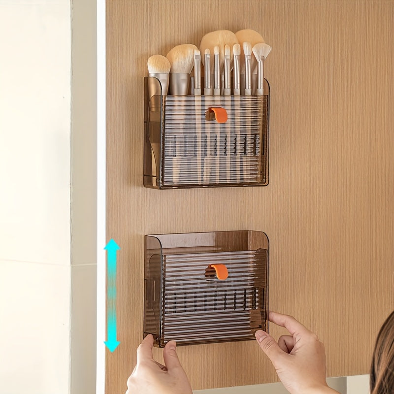 1pc Punch-Free Wall-Mounted Storage Box, Makeup Brush And Eyebrow Pencil Rack, Pull-Out Lipstick Storage Box, Double-Row Folding Makeup Brush Storage Box, Can Store 16 Brushes at The Same Time, Ideal Gift