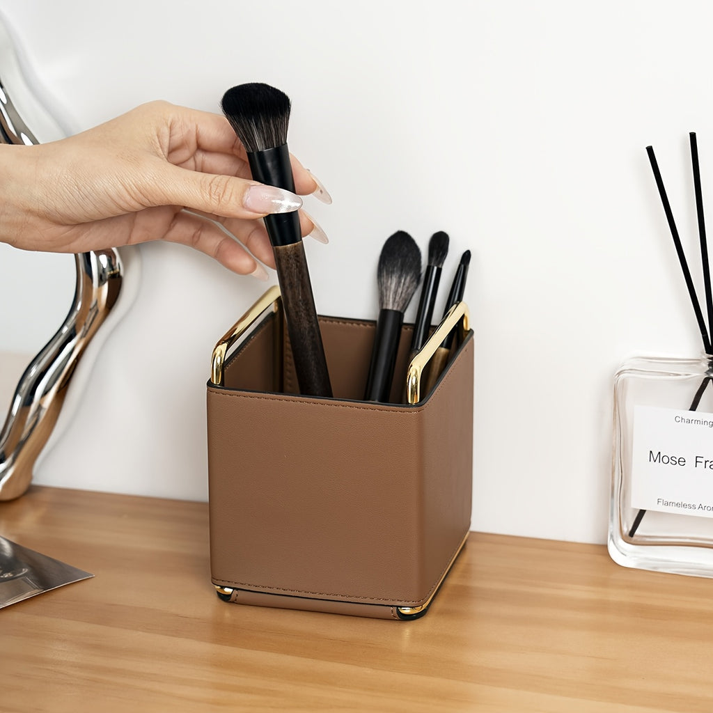 [1pc Faux Leather Storage] 1pc Lightweight Faux Leather Storage Tube | Makeup Brush Organizer, Vanity Eyebrow and Eyeshadow Brush Holder, Metal Frame Leather Pen Case, Desktop Remote Control Key Storage Box, Stylish Square Storage Box, Multifunctional