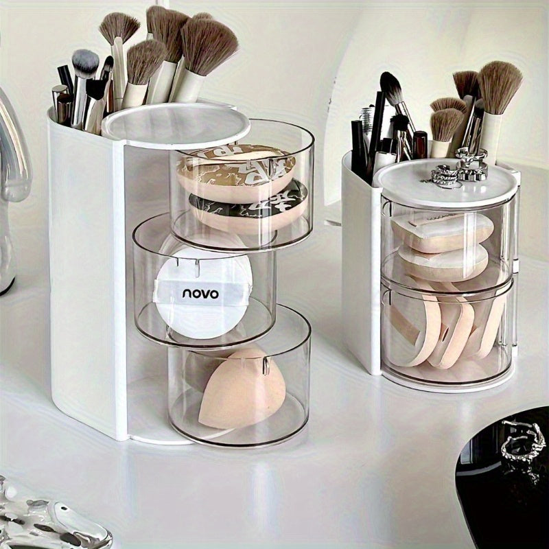 1pc Versatile Desktop Cosmetic Display, Travel-Friendly Rotating Dust-Resistant Makeup Egg Air Cushion Organizer for Dressing Tables, Multi-Tier Lipstick And Makeup Brush Holder with High Storage Capacity