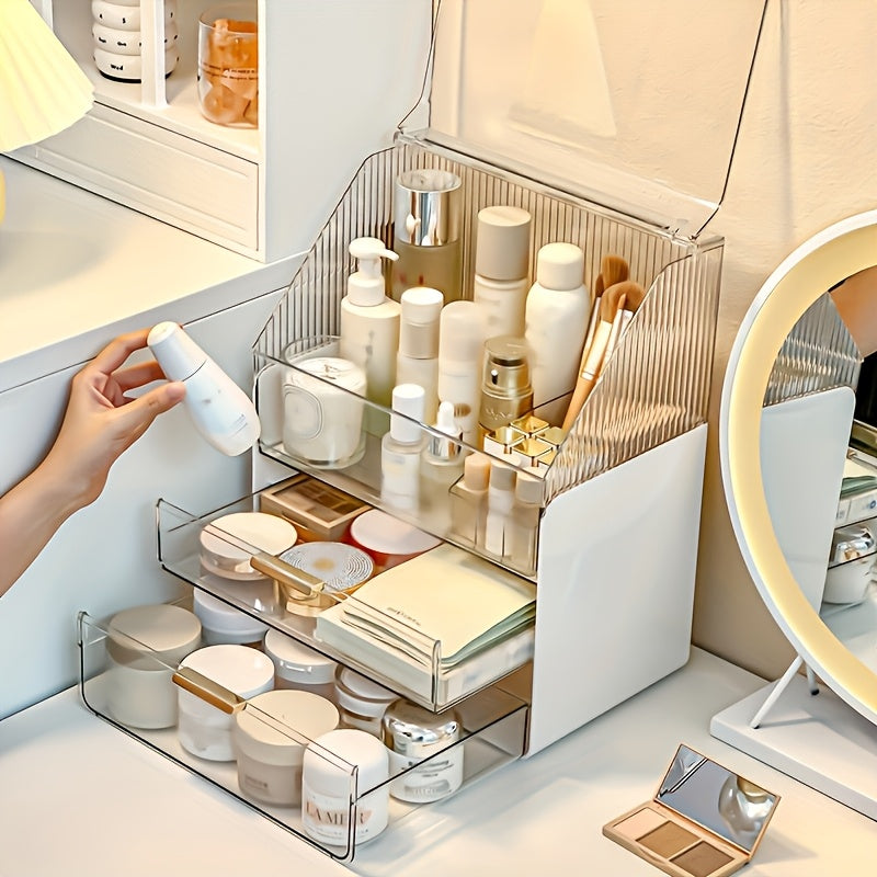1pc Large Capacity Clear Cosmetic & Perfume Organizer - Transparent Makeup Brush Holder with Multiple Compartments, Lightweight Polished Bathroom Countertop Storage Box for Women & Men, No Assembly Needed