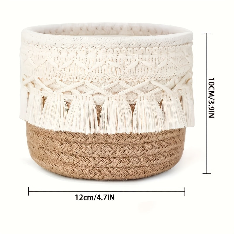 SENDPISTIL Vintage Round Woven Desktop Storage Basket with Fringe - Natural Fabric Makeup Brush Organizer for Vanity, Bathroom & Desk - Decorative Cosmetic Accessories Organizer, Shelf Baskets