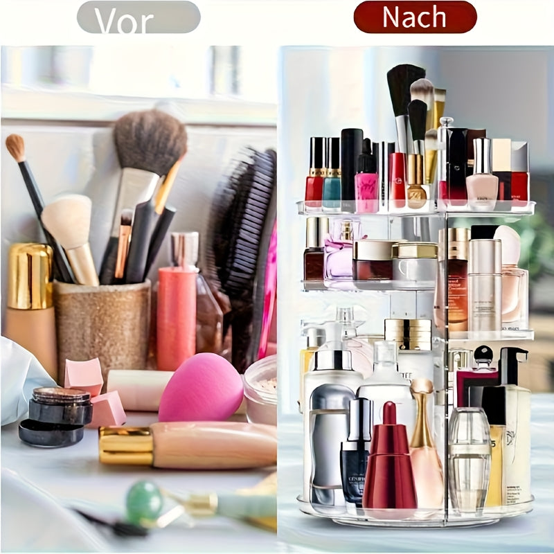 360° Rotating Makeup Organizer - Transparent Vanity Shelf with Multi-Tiered Compartments, Space-Saving Cosmetic Storage for Bathroom, Desk, Dressing Table - Heavy-Duty Plastic Construction, Easy-Clean Vanity Tray, Makeup Vanity Desk, Sleek Beauty Holder,