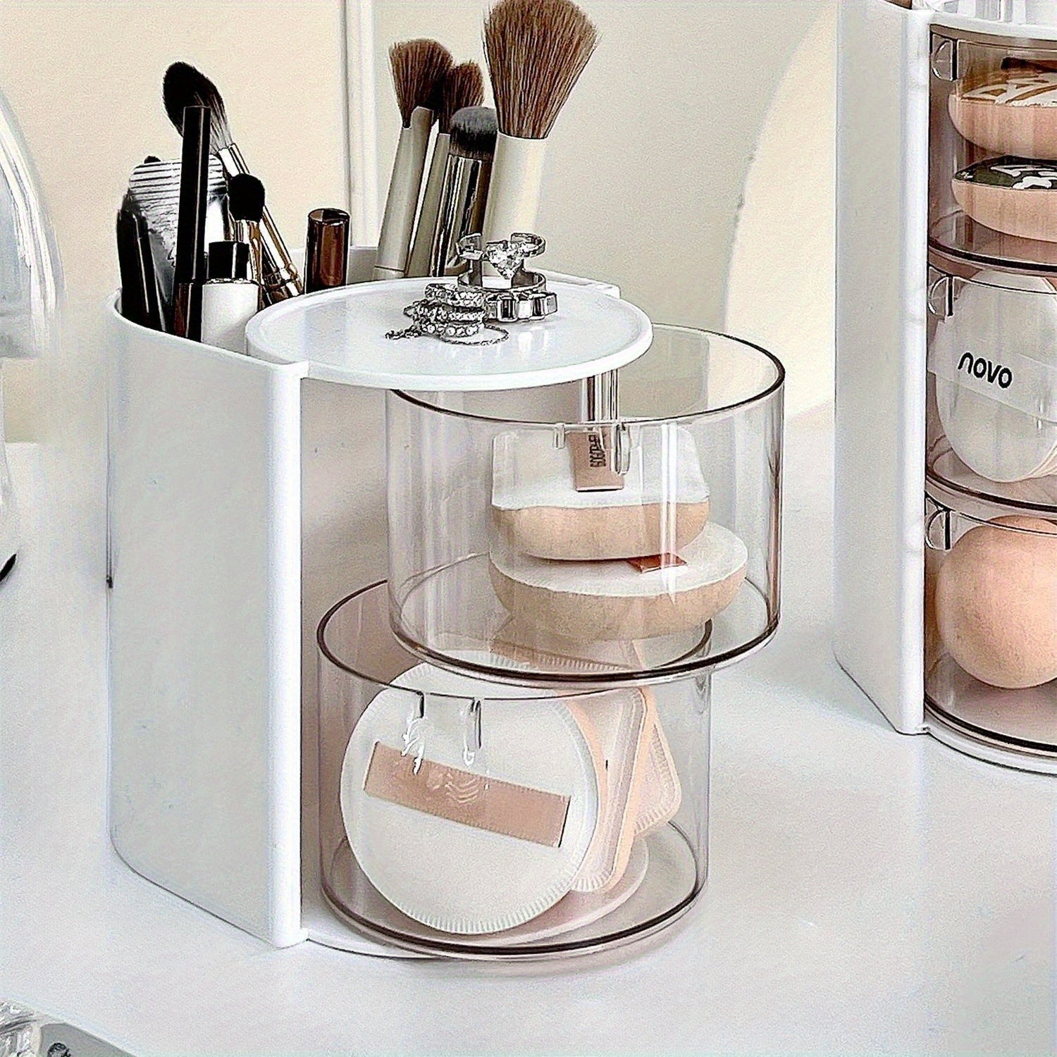 1pc Versatile Desktop Cosmetic Display, Travel-Friendly Rotating Dust-Resistant Makeup Egg Air Cushion Organizer for Dressing Tables, Multi-Tier Lipstick And Makeup Brush Holder with High Storage Capacity