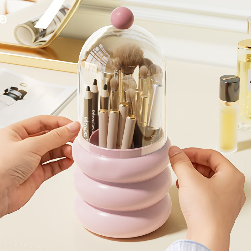 1pc Rotating Makeup Organizer with Brush Holder - Multi-Compartment Cosmetic & Office Storage Box, Durable Plastic Countertop Organizer for Bathroom, Vanity, Desk - Space-Saving Design for Pens, Brushes, Toothbrushes, Makeup Brushes, Makeup Vanity Desk,
