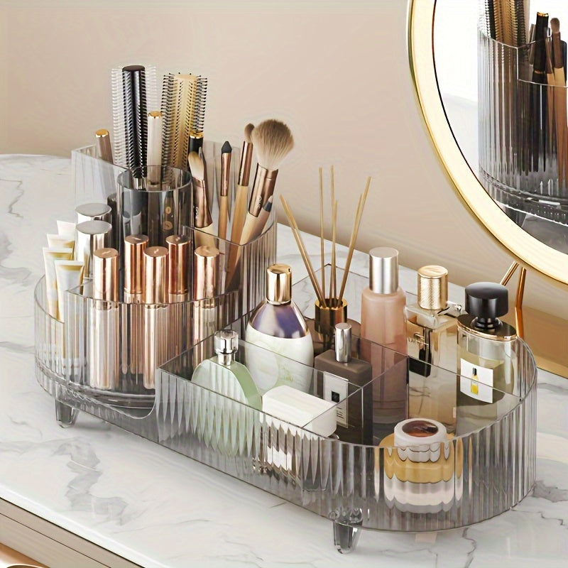 1pc Large Capacity Rotating Acrylic Makeup Organizer - 360° Swivel Transparent Cosmetics Storage Box with Brush and Pen Holder for Dresser and Desktop Organization, Easy Access and Visibility, Space-Saving Design