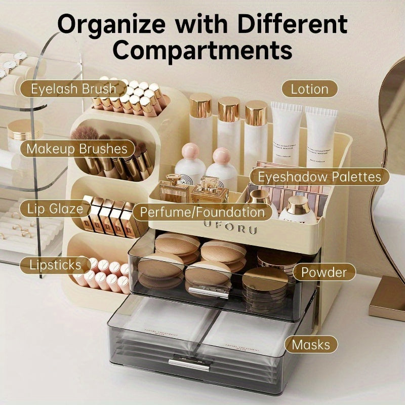 Makeup Organizer Vanity with Brush Holder, Countertop Organizer with 2 Drawers, Spacious Cosmetic Display Beauty Essential, Skincare, Lipstick, Makeup Organizer with Mirror, Cosmetics Storage Organizer, Makeup Storage Box, Makeup Organizers And Storage,