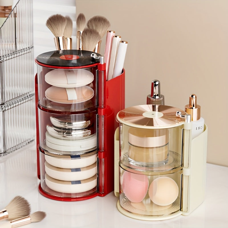 Luxury 3C Rotating Makeup Brush & Puff Storage Box - Dustproof Multi-Layer Design, Independent Smooth Surface Desk Organizer for Dressing Table, Bathroom, Office & Home Use, Countertop Mounting, No Electricity Needed, Countertop Organizer|Sleek